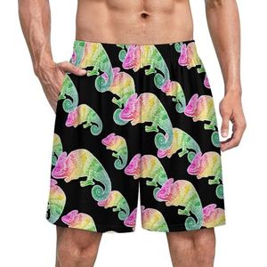 Veelkleurige kameleon grappige pyjama shorts voor mannen pyjamabroek heren nachtkleding met zakken zacht