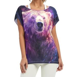 Cool Purple Polar Bear Aquarel Artwork Dames Korte Batwing Mouw Shirt Ronde Hals T-shirts Losse Tops voor Meisjes, Patroon, M