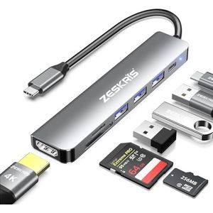 ZESKRIS USB C Hub, 7-in-1 USB C naar HDMI-adapter met 4K HDMI, 100W PD, 1* USB 3.0, 2* USB 2.0 en SD/TF-kaartlezer, Multiport Splitter Compatibel met Macbook Air/Pro M1/M2, Surface Go en meer