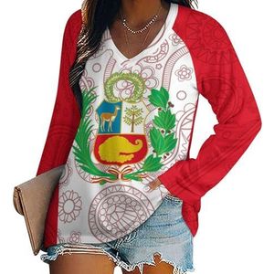 Peruaanse paisley-vlag dames casual T-shirts met lange mouwen V-hals bedrukte grafische blouses T-shirt tops L