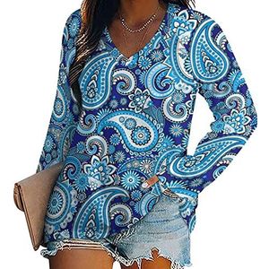 Blauw paisley-patroon dames lange mouw V-hals T-shirts herfst tops pullover tuniek T-shirt voor leggings
