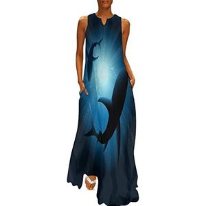 Sharks Under Water dames enkellengte jurk slim fit mouwloze maxi-jurken casual zonnejurk XL