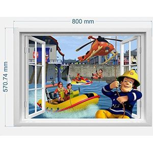 infans Brandweerman Sam Muursticker, 3D-ramen, Kids Slaapkamer Jongens Meisjes Art Muurschildering Behang Maat L 57 cm x 80 cm