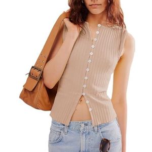 Vrouwen gehaakte dikke gebreide top mouwloze button down crop tops trendy vest trui vest for vrouwen(Khaki A,Medium)