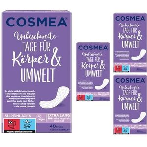 Cosmea Inlegkruisjes, voordeelverpakking, (extra lang 4 x 40 stuks) Hygiëne inlegzolen gemaakt van hernieuwbare grondstoffen. Dameshygiëne in harmonie met de natuur