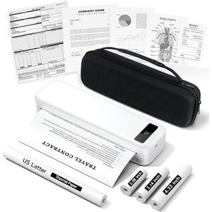 TATTMUSE Draagbare printer A4-kit, thermische printer, compatibel met Bluetooth en USB, met draagtas en 4 rollen thermisch papier, zonder inkt, print in zwart en wit