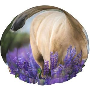 Douchekap, dubbele waterdichte badmuts, herbruikbare elastische douchekap, badmuts, nachtmuts, mooi paard Palomino lavendel