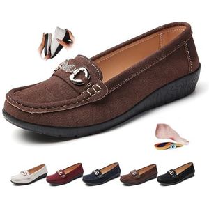 ZPLMIDE Vrouwen Orthopedische Suede Lederen Loafers Retro Dames Mocassins Rijden Mocs Comfort Slip-On Mode Boot Schoenen Wedge Hakken, Bruin, 43 EU