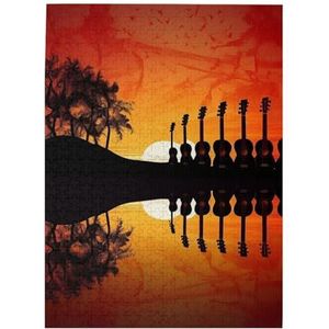 Gitaar muziek zonsondergang puzzels 500 stuks houten legpuzzels gepersonaliseerde foto puzzel voor volwassenen vrienden foto puzzel geschenken voor bruiloft verjaardag Valentijnsdag woondecoratie