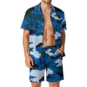 Marineblauwe Hawaiiaanse camouflagesets voor heren, button-down trainingspak met korte mouwen, strandoutfits, XS