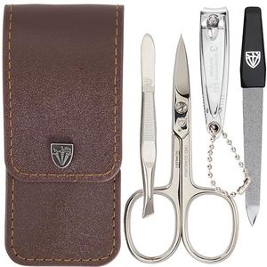 DREI SCHWERTER - 4-delige nagelverzorgingsset 'Capri' | Hoogwaardige nageletui voor manicure en pedicure. Kleur: kunstleer bruin | Inhoud: Nagelschaar, nagelknipper, pincet, saffier nagelvijl