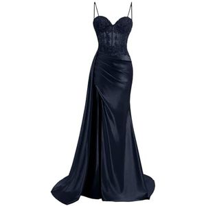KIYNE Spaghetti Strap Satijn Galajurken met Split Kant Applique Zeemeermin Baljurk Floor Lengte Corset Formele Jurk, Donkerblauw, 32