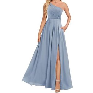 AHERKLL HAH037 Chiffon bruidsmeisjesjurk voor dames, met split, galajurk, plooien, cocktailjurk, grote maten, Staal Blauw, 32