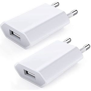 USB-oplader, 2 stuks, USB-voeding, laadstekker, 5V-1A, universele stekker, adapter, stopcontact, stroomadapter, netstekker, laadstekker, compatibel met iPhone 12/13/11/X/8/7, Samsung Galaxy, Huawei, mobiele telefoon, wit