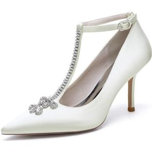 EICOFF Vrouwen Bruids Schoenen Gesloten Teen 8.5cm Stiletto Hak Puntige Satijn Pompen Strass Enkelriem Trouwschoenen,ivoor,35 EU