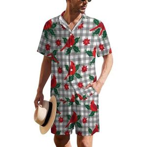 Cardinal Bird Hulstbladeren en Poinsettia Flowers Hawaiiaanse pak voor heren, set van 2 stuks, strandoutfit, shirt en korte broek, bijpassende set