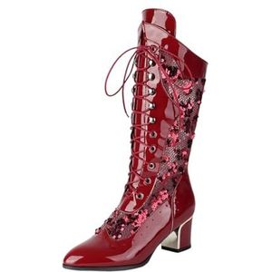 Enkellaarsjes Van PU-lakleer For Dames 2025 Veterlaarzen Met Pailletten Elegante Ankle Boots Met Blokhak Mode Puntige Laarsjes 5,5 Cm Hoge Hakken Feestavond Schoenen(Red,43 EU)
