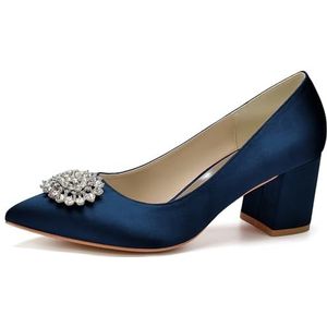 HFWXYSA Dames Bruids Trouwschoenen Chunky Blok Hak Jurk Pompen Satijn Kristal Gesloten Teen Bruidsmeisje Schoenen,Dark blue,35 EU