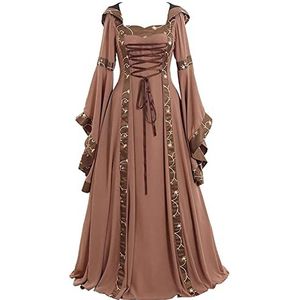 HEPVET Middeleeuwse jurk met capuchon, middeleeuwse jurk, met veters, borduurwerk, retro kostuum, vierkante kraag, trompetmouwen, grote swingrok voor eindexamenbal