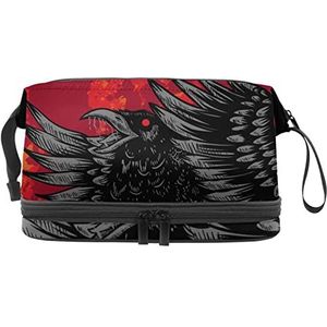 Grote capaciteit reizen cosmetische tas,Kraai rood bloed maan,make-up tas,Waterdichte make-up tas organisator, Meerkleurig, 27x15x14 cm/10.6x5.9x5.5 in