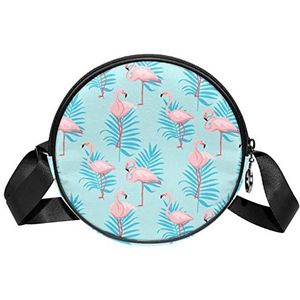 Messenger Bag Tropische Flamingo Blauwe Bladeren Patroon Crossbody Tas Voor Vrouwen Rond, Meerkleurig, 6.7x6.7x2.3 in, Sling Rugzakken