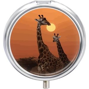 Pillendoosje 3 compartimenten medicijnpillenetui, giraffe bij zonsondergang, kleine pillenetui voor portemonnee en zak, draagbare pillenhouder, ronde pillenhouder, mini-pillenorganizer voor reizen of
