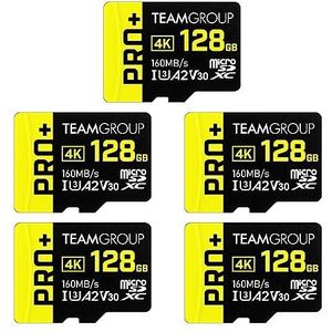TEAMGROUP A2 Pro Plus-kaart, 128 GB x 5-pack Micro SDXC UHS-I U3 A2 V30, R/W tot 160/110 MB/s voor Nintendo-Switch, gamingapparaten, tablets, smartphones, 4K-opnamen, met adapter TPPMSDX128GIA2V3063