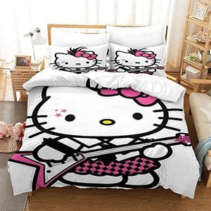 XYueww Hello Kitty 3D-bedrukt dekbedovertrek met kussenslopen microvezel kitty wit beddengoed set 3 stuks voor volwassenen tiener kinderen met ritssluiting dubbel (200 x 200 cm)