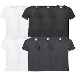 Fruit of the Loom T-shirt, met V-hals, in verschillende maten en kleuren, 10 stuks, 4x wit, 3x zwart, 3x grijs (DarkHeather), XL