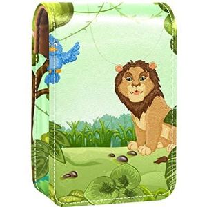 Make-up Lipstick Case voor Buiten Groen Bos Leeuw Aap Vogels Draagbare Lippenstift Organizer met Spiegel Dames Mini Make-up Tas Neemt Tot 3 Lippenstift