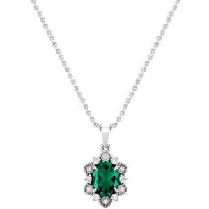 ALLORYA 9x7mm Ovale Lab Gemaakt Emerald & Lab Grown Witte Diamant Bloemen Hanger met 18 ""Zilveren Ketting voor Haar in 925 Sterling Zilver