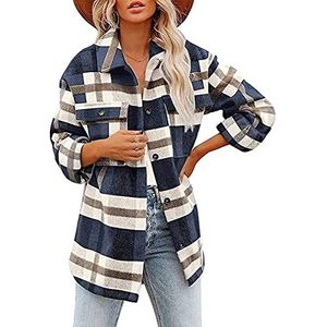 Dames Overhemdjack Geruit Flanellen Overhemd Houthakker Overhemd, Oversized Blouse Knoopjas Dames Geruit Overhemd Met Lange Mouw, Geruit Jasje Dames Fleece Overhemd (Color : Blue A, Size : XL)