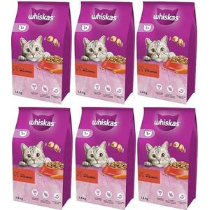 Whiskas Adult 1+ droogvoer voor katten, met rundvlees, 6 zakken, 6 x 1,4 kg, hoogwaardig droogvoer voor volwassen katten vanaf 1 jaar, verschillende productverpakkingen verkrijgbaar