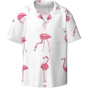 Flamingo's op witte print heren button down shirt korte mouw casual shirt voor mannen zomer business casual overhemd, Zwart, M