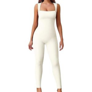 Gursac Naadloze jumpsuit voor dames met vierkante hals - mouwloos, geribbeld en body sculpting yoga workout romper (kleur: beige, maat: M)