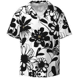 EdWal Zwart en wit bloemen print heren korte mouw button down shirts casual losse pasvorm zomer strand shirts heren jurk shirts, Zwart, XXL