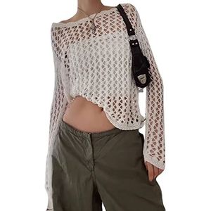 SMIMGO Uitgeholde, gehaakte, gebreide damestrui, Y2K crop top met lange mouwen, zomer losse trui, cover-up pullover, streetwear outfits (Kleur: C Wit, Maat: M)