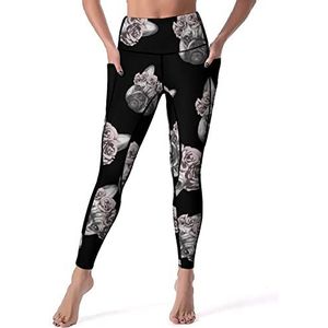 Franse Bulldog Rose Crown Yogabroek voor dames, hoge taille, leggings, trainingsbroek met zakken, XL