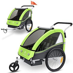 KESSER® Kinderfietskar Sport-RX 2-in-1, fietsaanhanger voor 1 tot 2 kinderen, max. 40 kg | 5-punts-veiligheidsgordel, 360 graden draaibaar voorwiel, jogger, Lichtgroen