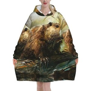 Beaver Sherpa sweatshirt voor dames, deken, lang, warm, gezellig, oversized, draagbaar, zakken, hoodie, volwassenen