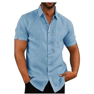 Heren getailleerde linnen overhemden korte mouwen casual overhemden met knopen zomer lichtgewicht strand overhemd met zak(Blue,M)