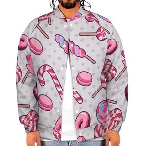 Roze Snoepjes met Harten Grappige Mannen Baseball Jacket Gedrukt Jas Zachte Sweatshirt Voor Lente Herfst