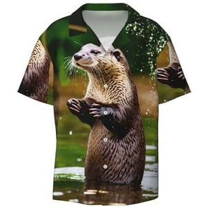 Dier Leuke Bruine Otters Print Mannen Button Down Shirt Korte Mouw Casual Shirt Voor Mannen Zomer Business Casual Jurk Shirt, Zwart, M