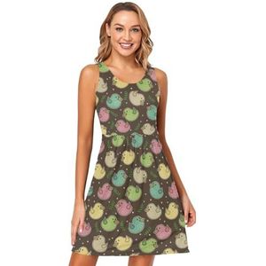 LI ZHI XIN Dames Zomerjurken Ronde Hals Casual A-lijn Mouwloze Vest Jurken met Zakken Kleurrijke Vogelpatronen, Meerkleurig, S