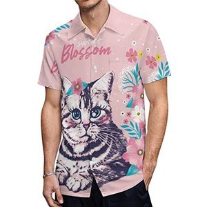 Leuke kat zitten in de bloemen heren Hawaiiaanse shirts korte mouw casual shirt button down vakantie strand shirts 3XL