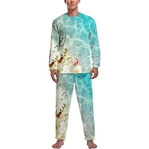 Zeester koraal en zeeschelp op het strand zachte heren pyjama set comfortabele lange mouwen loungewear top en broek geschenken L