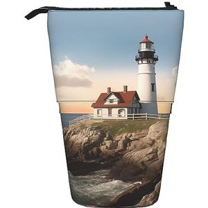 RLDOBOFE Vuurtoren Achtergrond Print Potlood Tas Stand-Up Intrekbare Potlood Doos Organizer Pen Houder Opbergtas Cosmetische Tas Voor Kantoor Kerst Vakantie Gift, Zwart, Eén maat