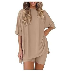 Zomerse stijl, losse en modieuze effen kleur, elegante casual shorts, korte broek, tweedelige set for dames(Khaki,4XL)