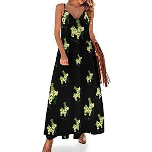 Pineapple Dog Maxi-jurk voor dames, zomer, V-hals, mouwloos, spaghettibandjes, lange jurk