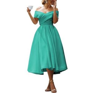 KURFACE Satijnen baljurk voor dames met zakken, A-lijn baljurk off-shoulder theelengte, formele feestjurk, Turkoois, 40